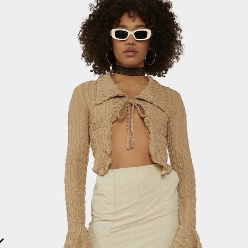 ZEMETA Long Sleeve Cropped Tie Front Mesh Top Boho Y2k Coquette Women's Small